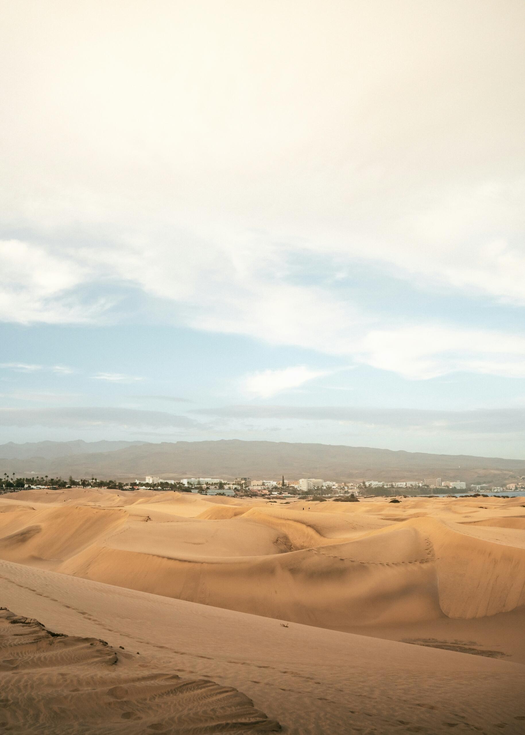 Peščene sipine v puščavi z mestom v ozadju