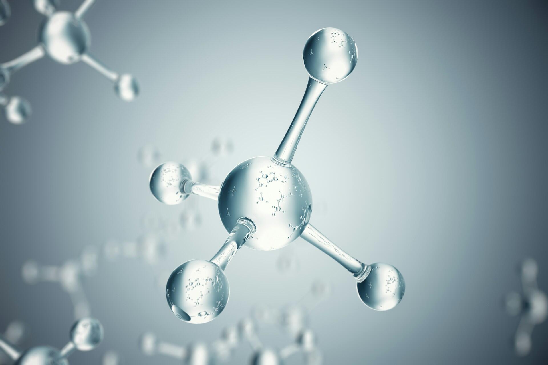 3D znázornenie chemickej molekuly zložené z atómov spojených väzbami