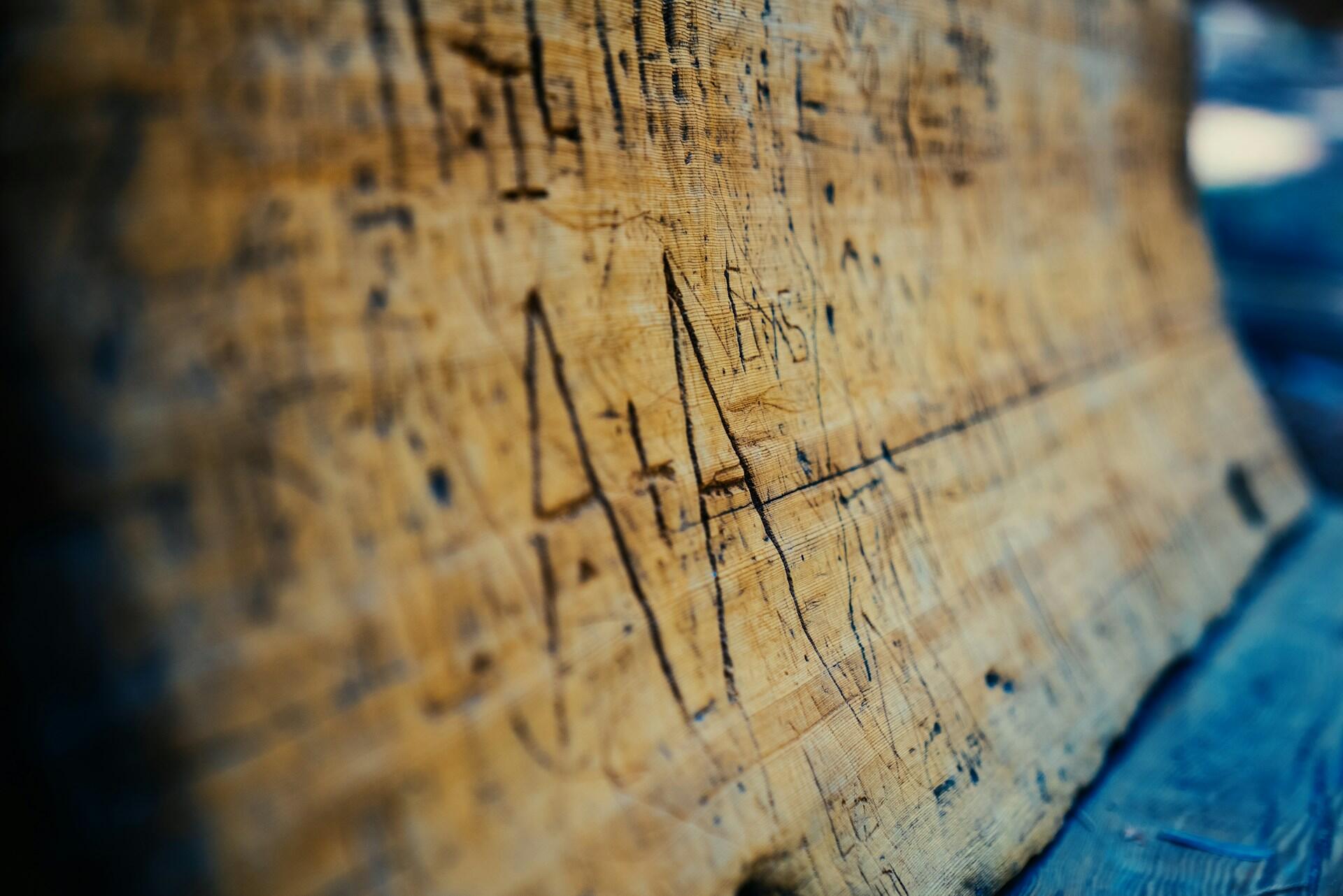 Vyryté symboly a znaky na starom drevenom povrchu pripomínajúce rané písomné či matematické zápisy.