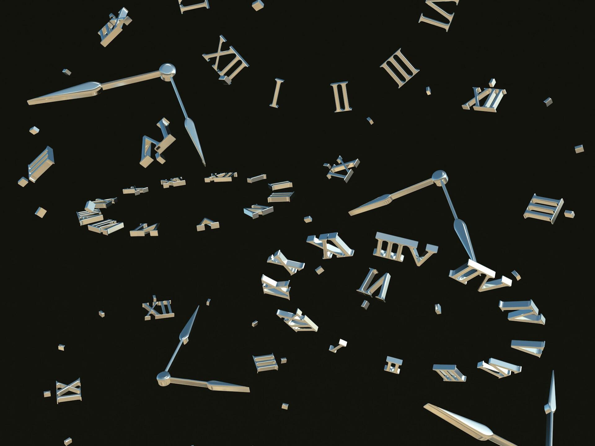 Abstraktné zobrazenie rozpadnutých rímskych číslic a ručičkových hodiniek na čiernom pozadí.