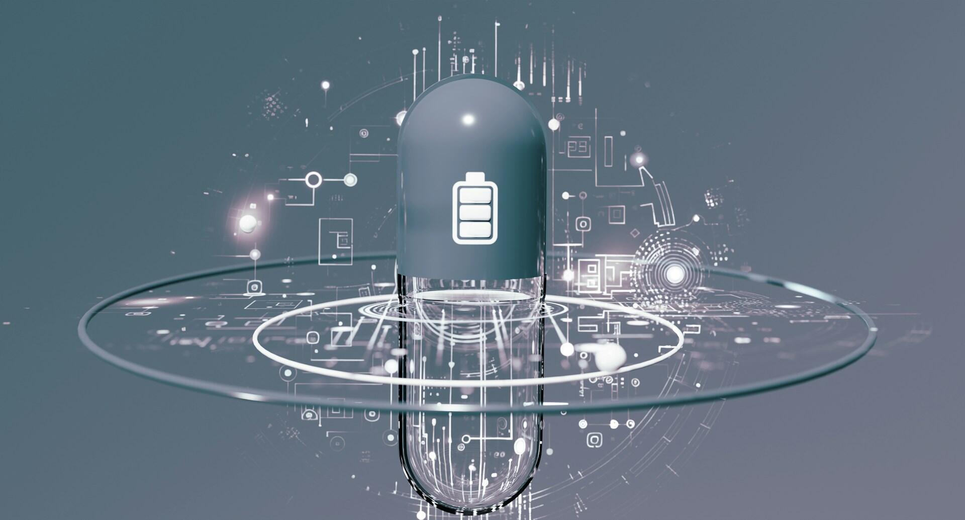 Digitálna kapsula s ikonou batérie symbolizujúca prepojenie medicíny a umelej inteligencie