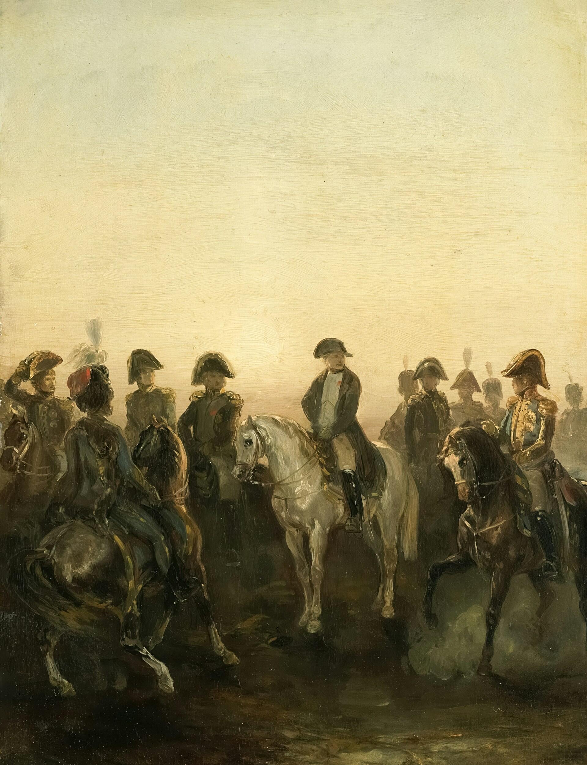 Historická maľba zobrazujúca vojenských veliteľov na koňoch počas porady v teréne