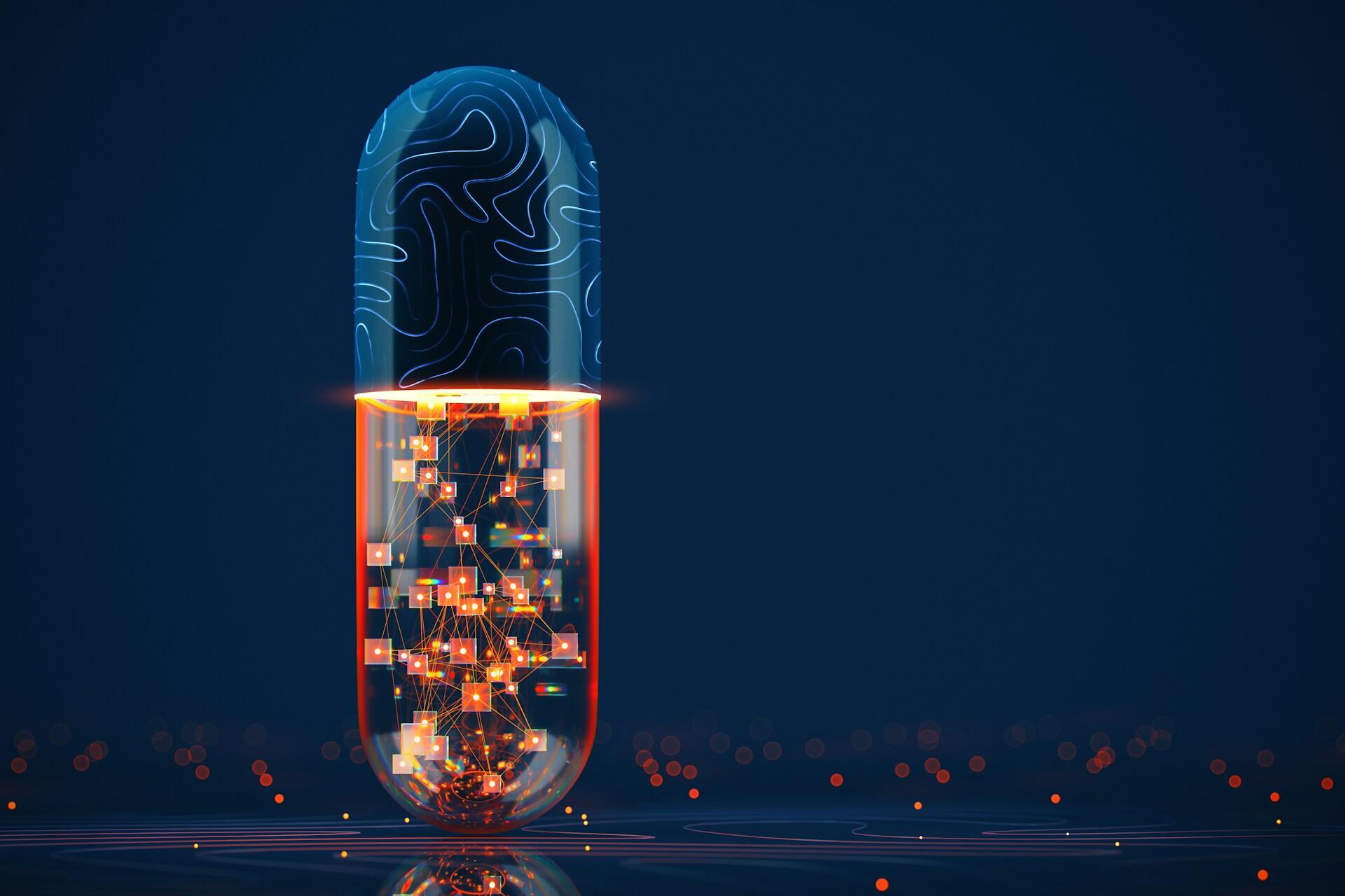 Futuristická kapsula s digitálnou sieťou vo vnútri symbolizujúca personalizovanú medicínu