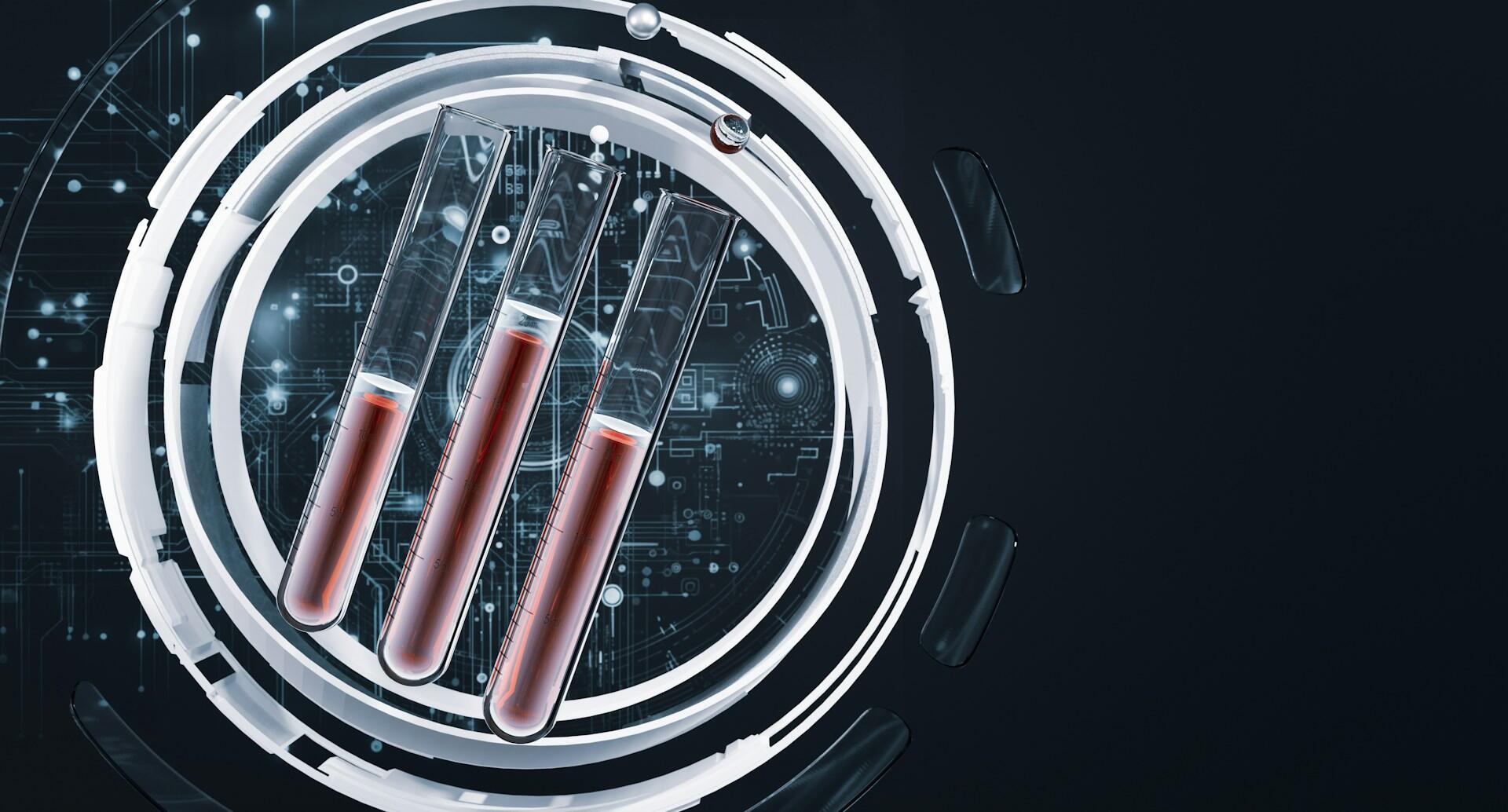Skúmavky s krvou v digitálnom prostredí symbolizujúce výskum rakoviny