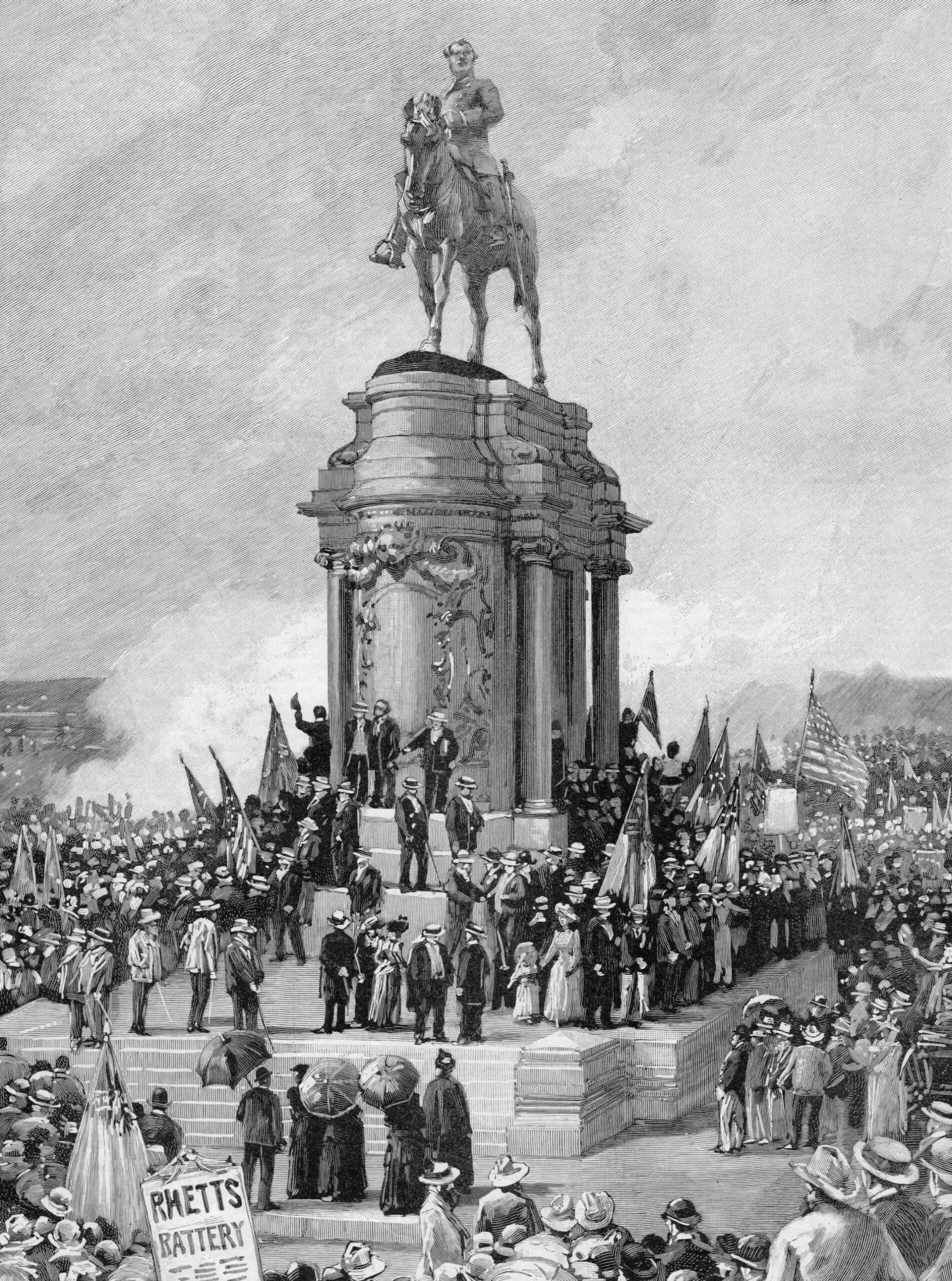 Historická ilustrácia davu zhromaždeného okolo jazdeckej sochy počas politickej udalosti