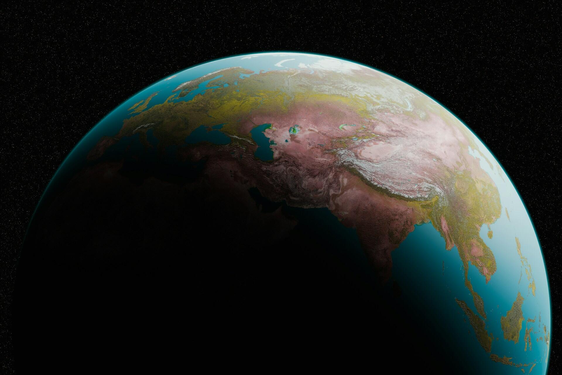 Pohľad na Zem z vesmíru zobrazujúci Áziu a Európu