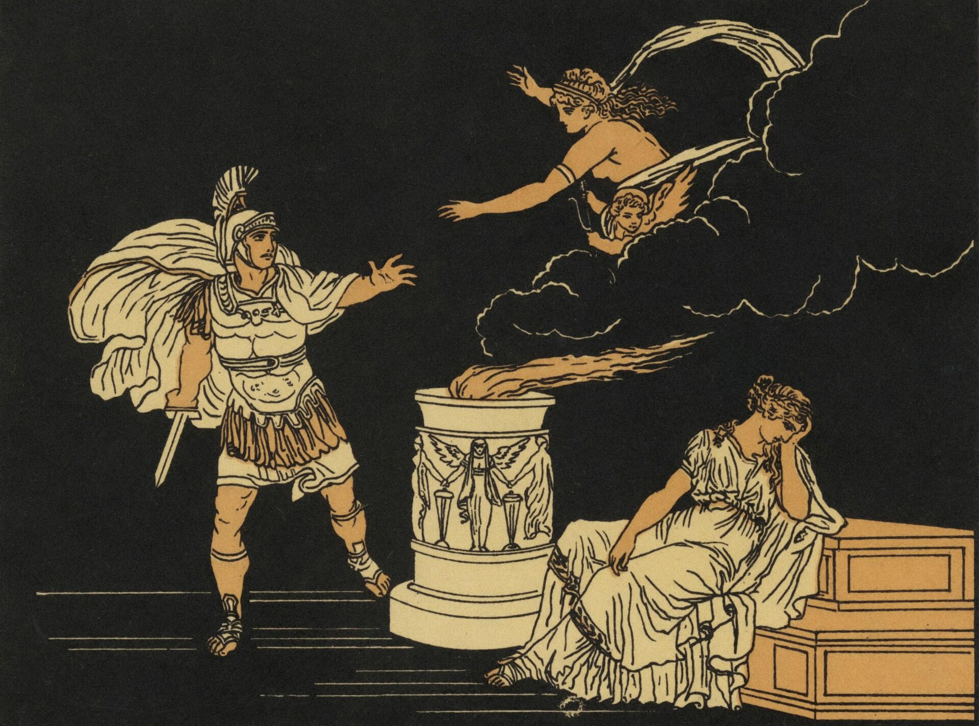 Ilustrácia scény zo starogréckej mytológie s hrdinom, božskými postavami a oltárom