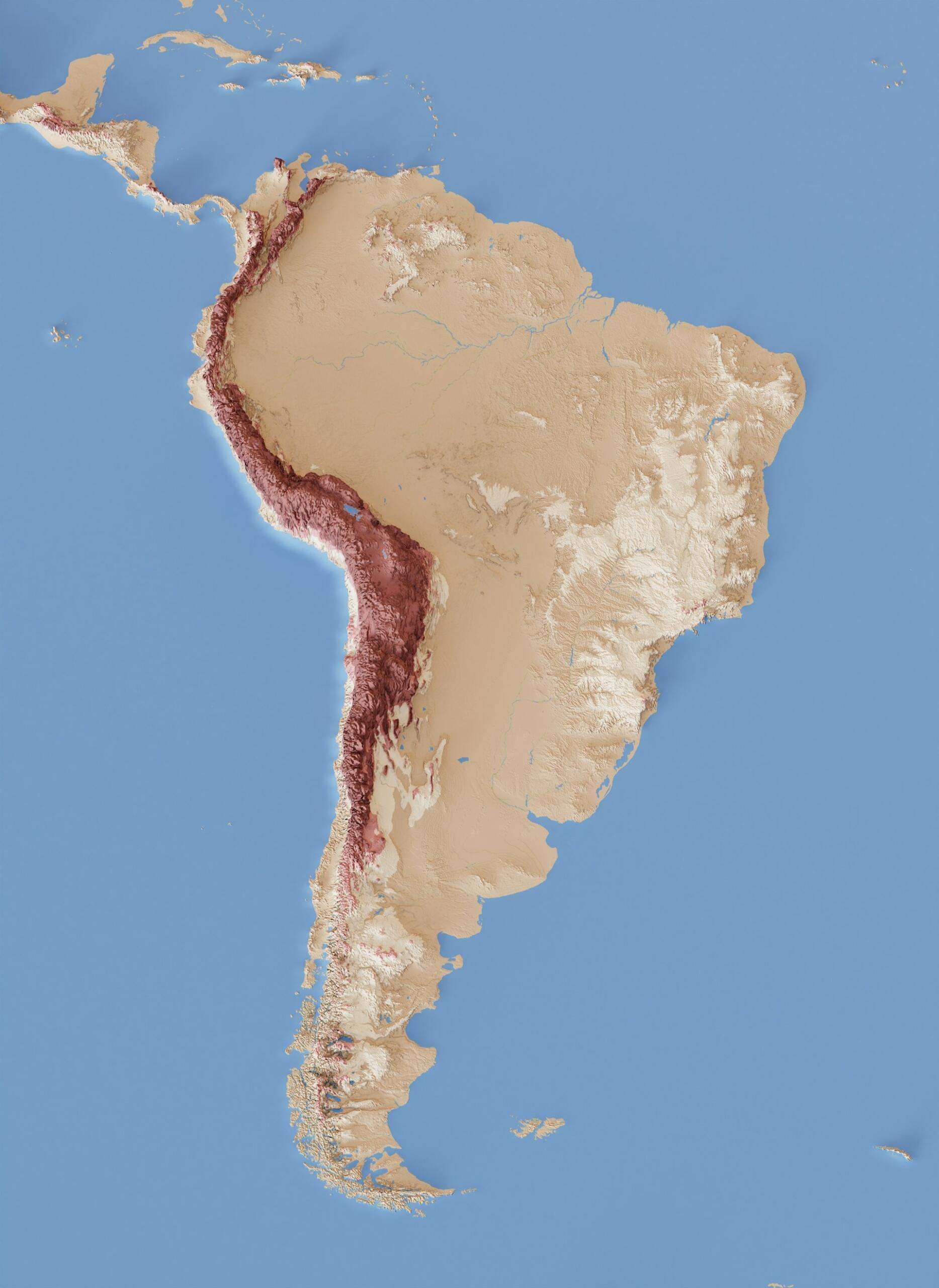 Reliéfna mapa Južnej Ameriky s pohorím Andy