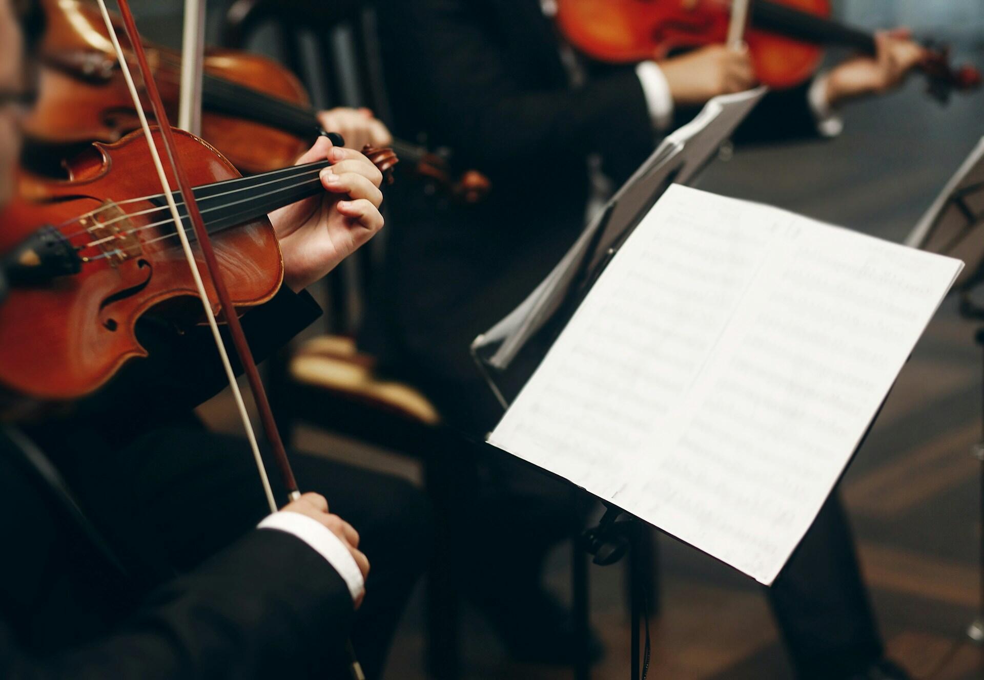 Hráči na husliach čítajú noty počas orchestra