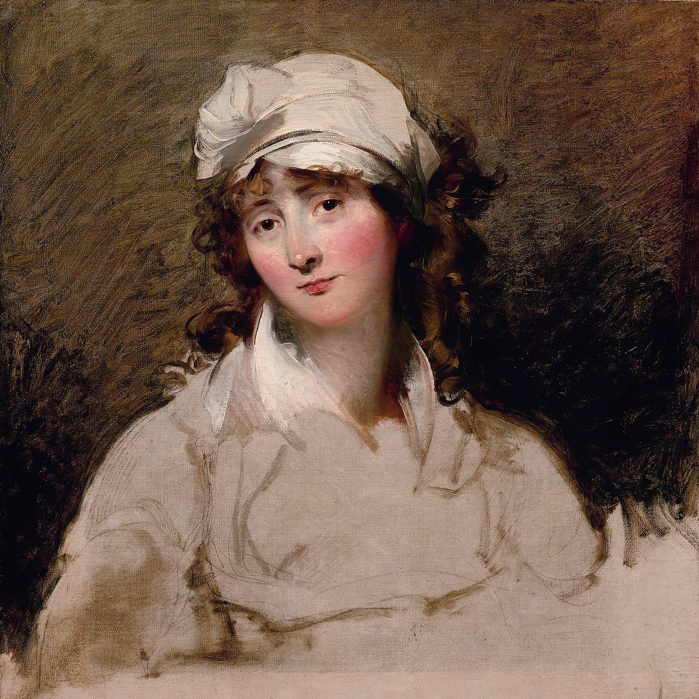 Maľovaný portrét Jane Austen v bielych šatách a čepci na tmavom pozadí