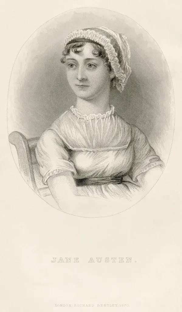 Historický portrét spisovateľky Jane Austen v dobovom odeve na čiernobielej ilustrácii