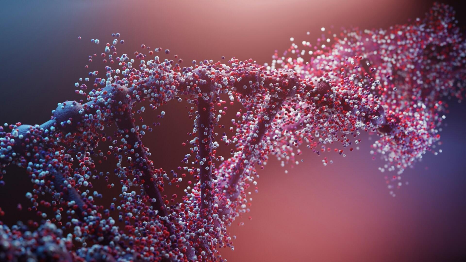 Farebná 3D vizualizácia dvojitej špirály DNA s časticami symbolizujúcimi genetickú informáciu