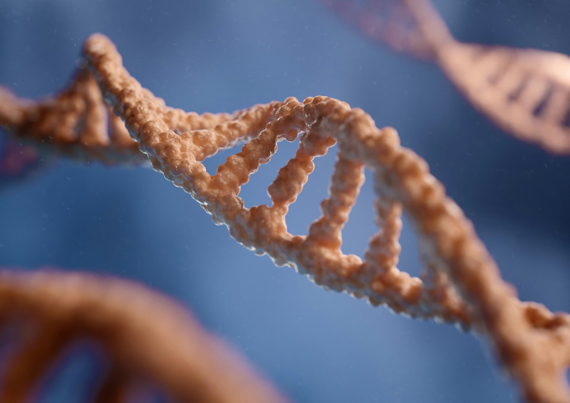 Detailná 3D vizualizácia molekuly DNA symbolizujúca genetiku a dedičnosť