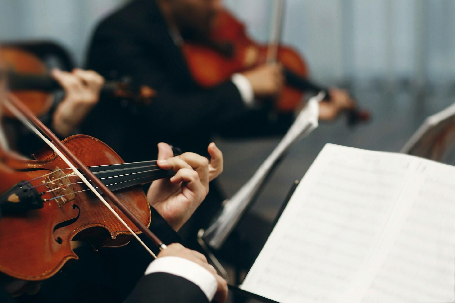 Hudobníci hrajúci na husliach počas orchestrálneho vystúpenia