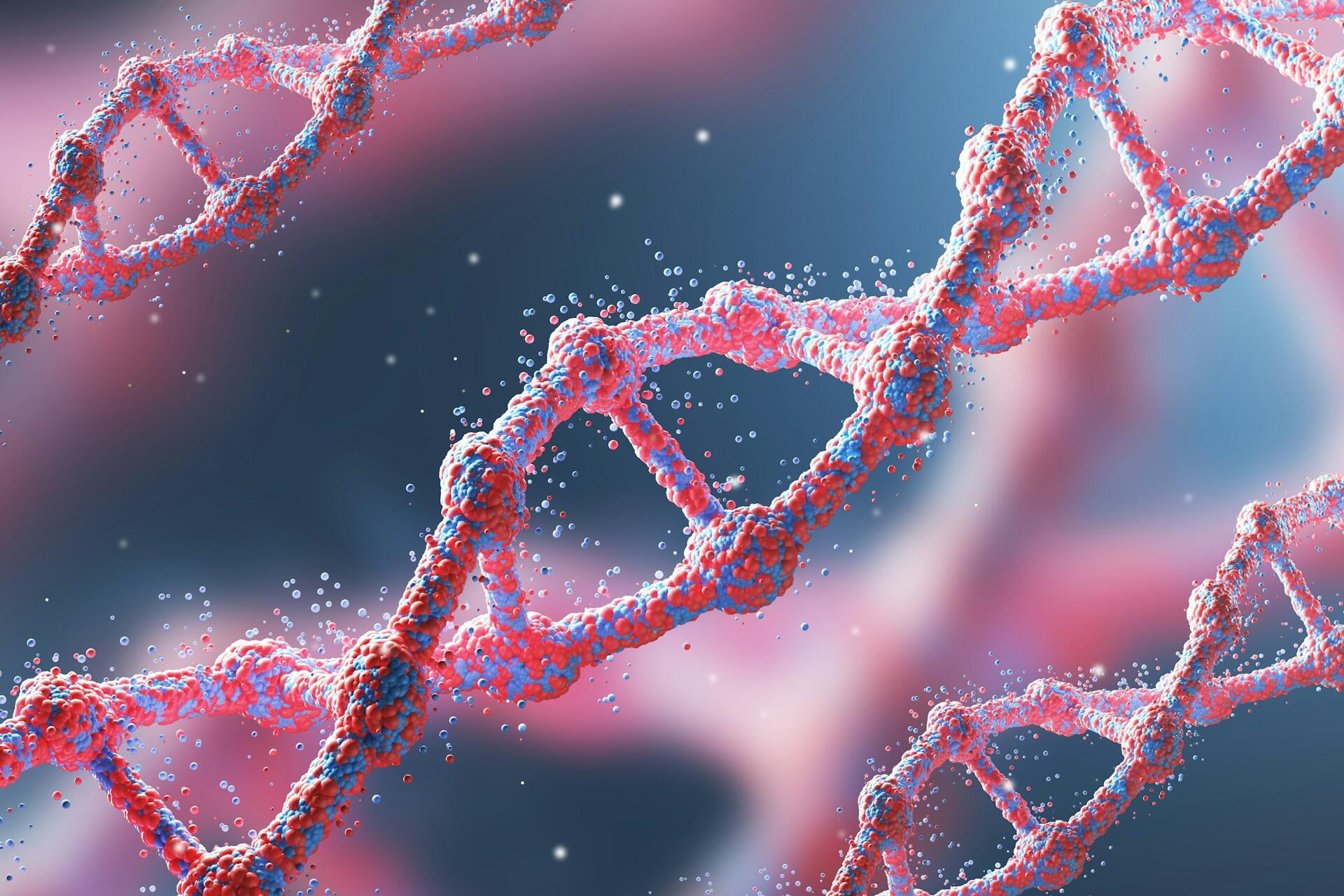 Farebná vizualizácia štruktúry DNA zobrazujúca dvojitú špirálu genetického kódu
