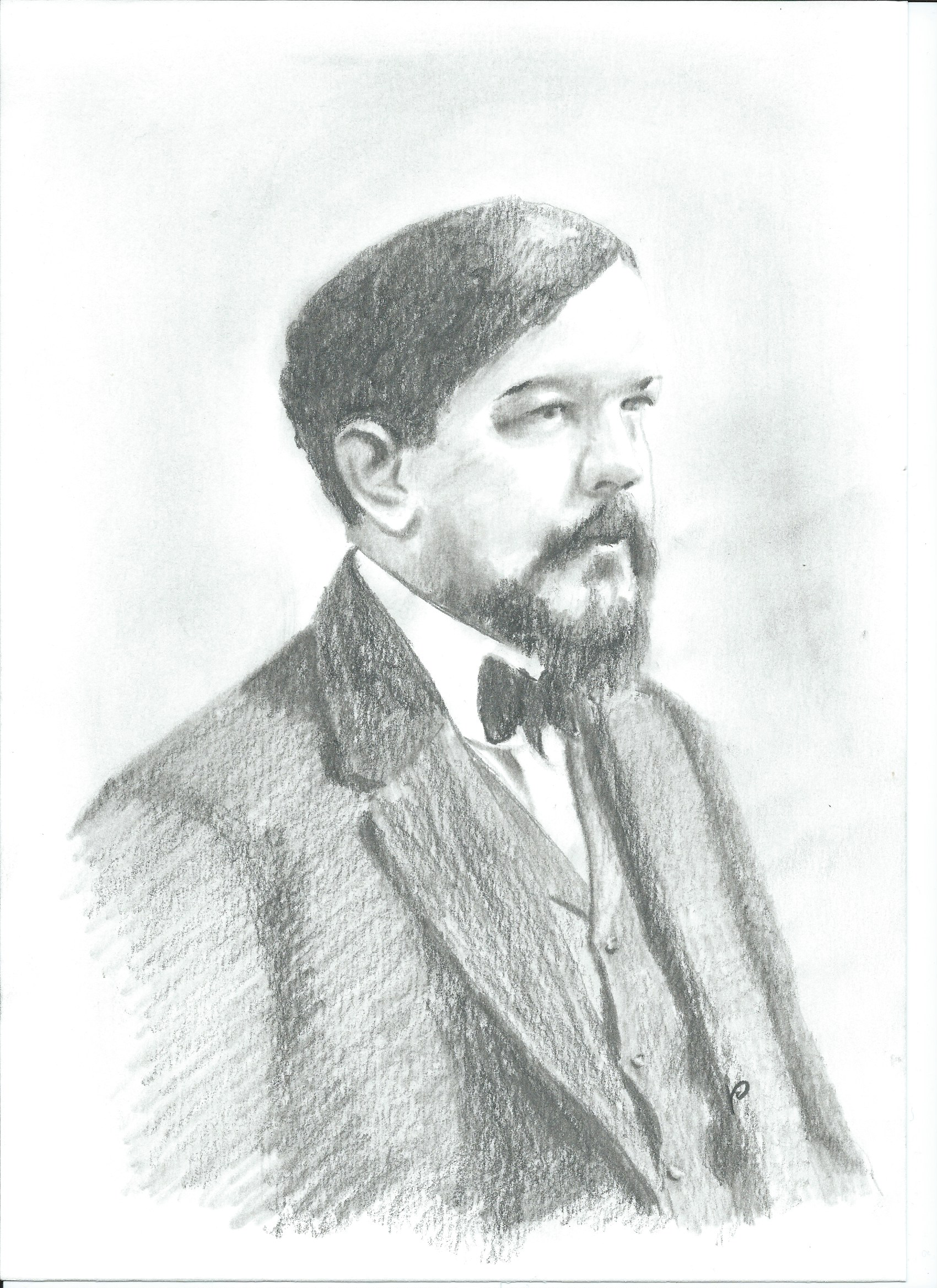 Portrét Clauda Debussyho, francúzskeho skladateľa a jedného z najvýznamnejších predstaviteľov hudobného impresionizmu.