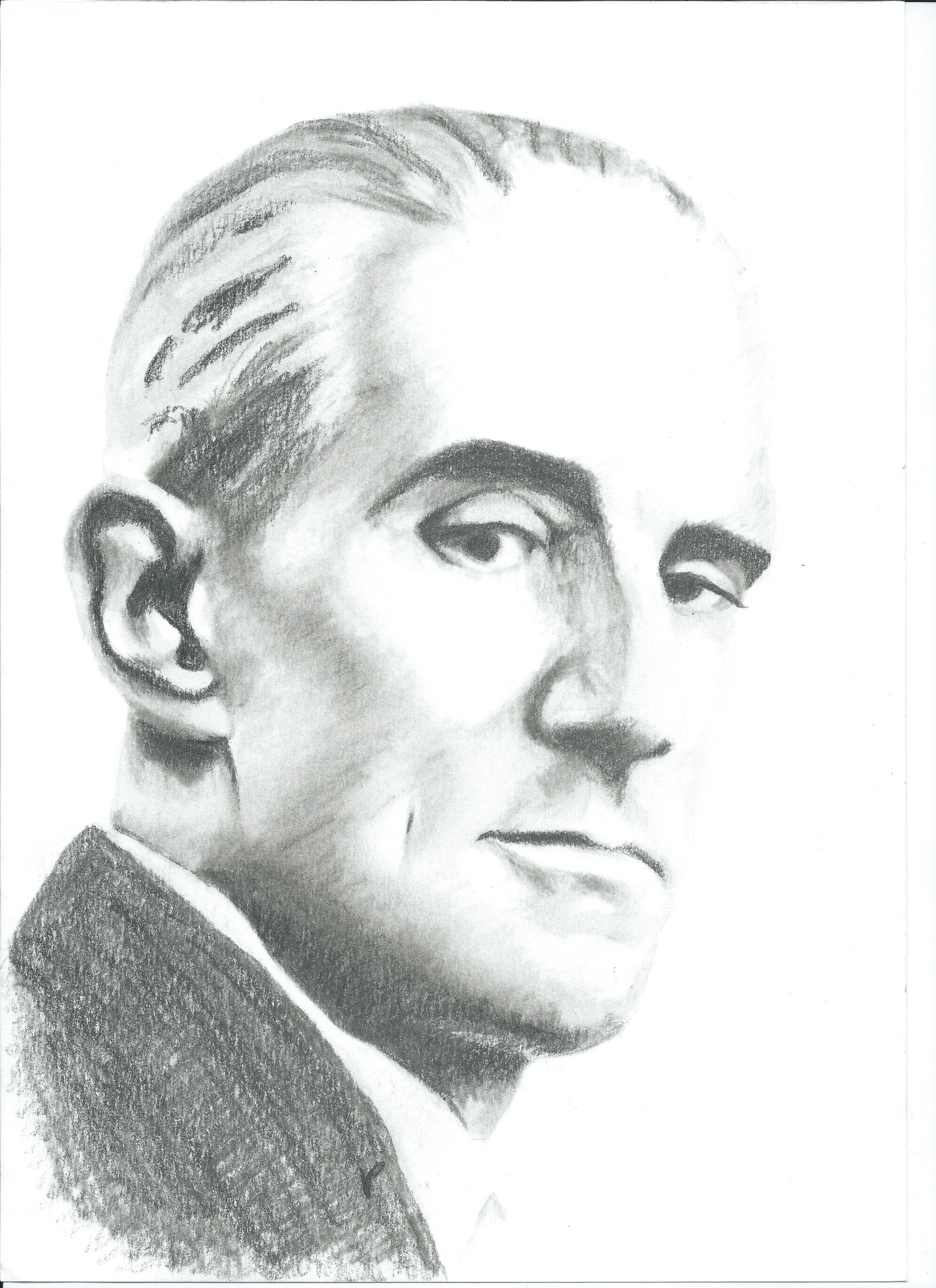 Francúzsky skladateľ Maurice Ravel na portréte. Obrázok zachytáva autora s charakteristickým uhladeným účesom a vážnym výrazom tváre.