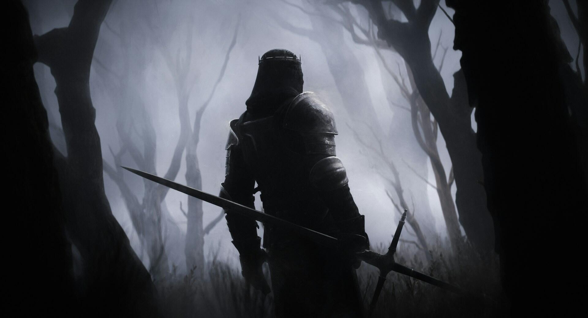 Temná fantasy postava v brnení s mečom stojí v hmlistom lese.
