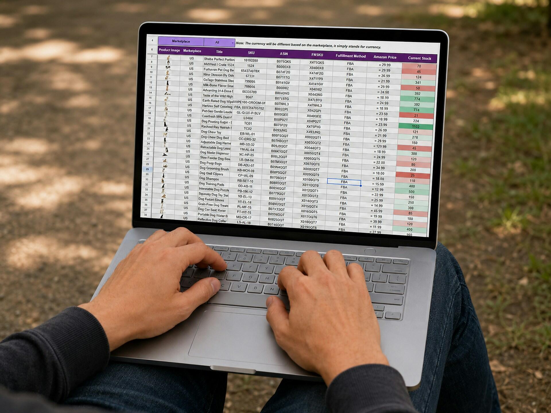 Práca s Excel tabuľkou na notebooku, ktorá obsahuje údaje o produktoch, cenách a skladových zásobách.