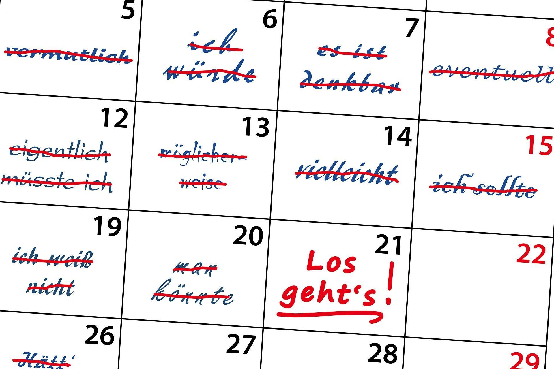 Almanca takvim yapılacaklar listesi Los geht's