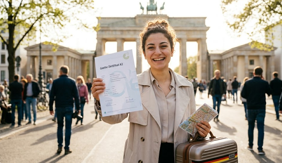 Berlin’de Brandenburg Kapısı önünde duran, elinde A2 sertifikası ve küçük bir valiz tutan başarılı ve mutlu bir genç kadın.