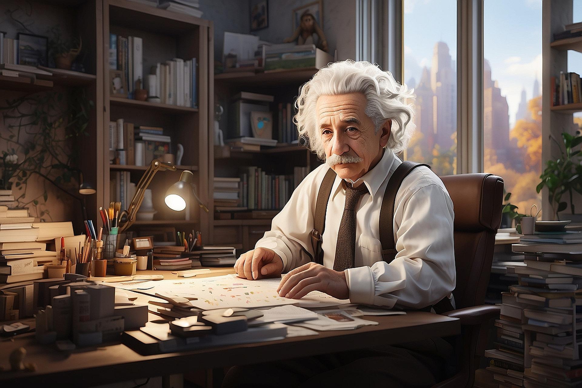 Albert Einstein çalışırken poz veriyor.