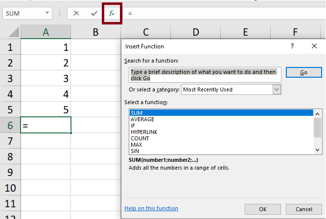 Excel'de "İşlev Ekle" özelliğini gösteren ekran görüntüsü.