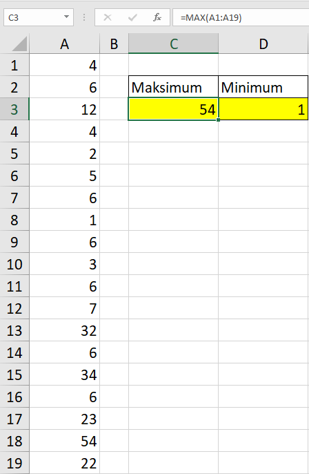 Excel'de 19 sayı içerisindeki maksimum ve minimum değerlerinin bulunmasına yardımcı olan formüllerin ekran görüntüsü.