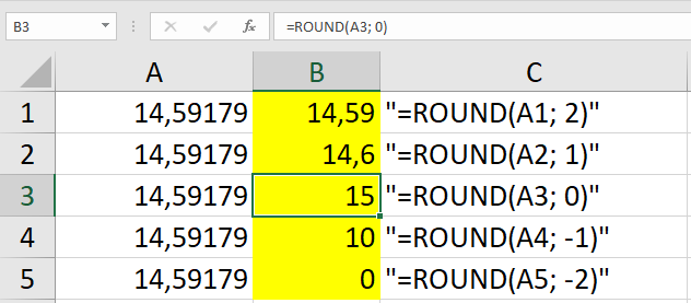 Excel'de YUVARLA (ROUND) formülünün farklı kullanımlarını gösteren ekran görüntüsü.