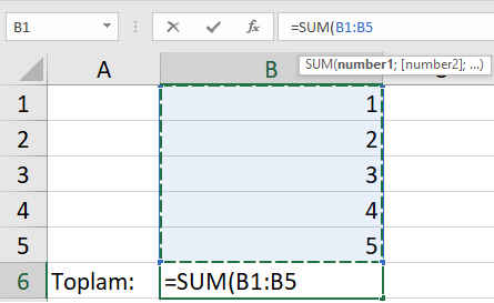 Excel'de 5 sayının toplamını bulmak için yazılmış TOPLA (SUM) formülünün ekran görüntüsü.