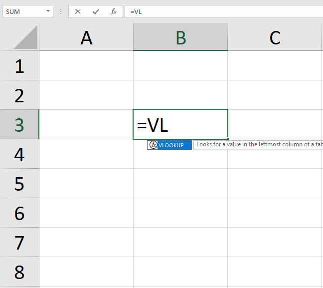 Excel'de formül yazarken tab kullanımına örnek göstermek için hazırlanan ekran görüntüsü.