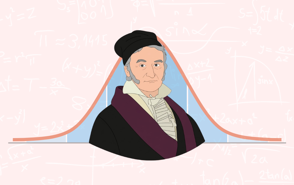 Gauss'un karikatüristik portresi arkasında normal dağılım grafiği görseli.
