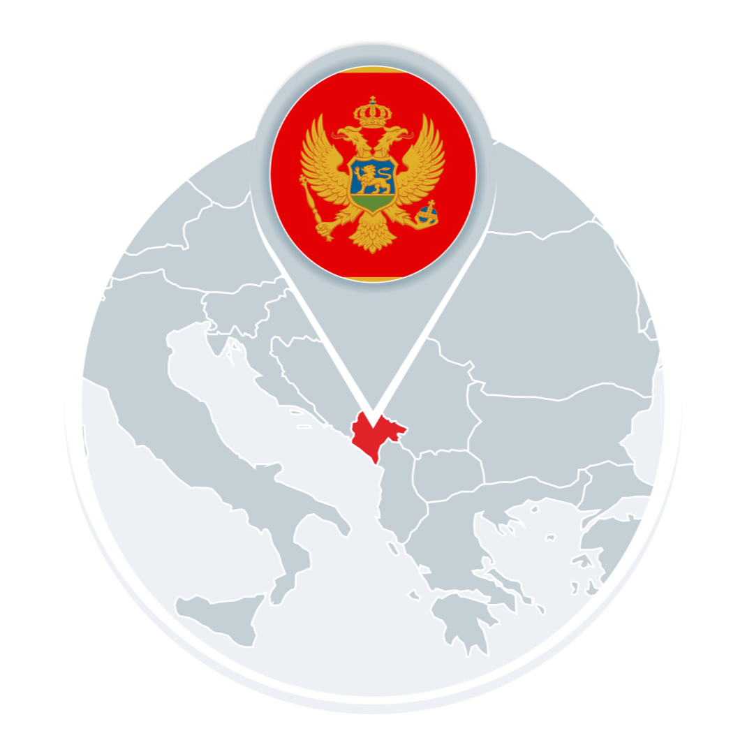 Avrupa haritası üzerinde Karadağ'ın kırmızı renkle işaretlendiği ve üst kısımda Karadağ bayrağının yer aldığı bir grafik.