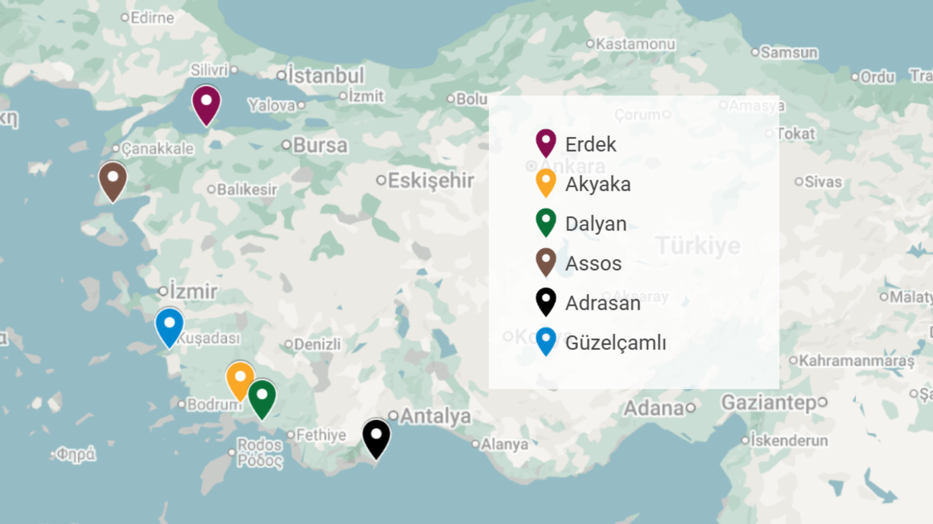 Türkiye haritasında işaretlenmiş Erdek, Akyaka, Dalyan, Assos, Adrasan ve Güzelçamlı.
