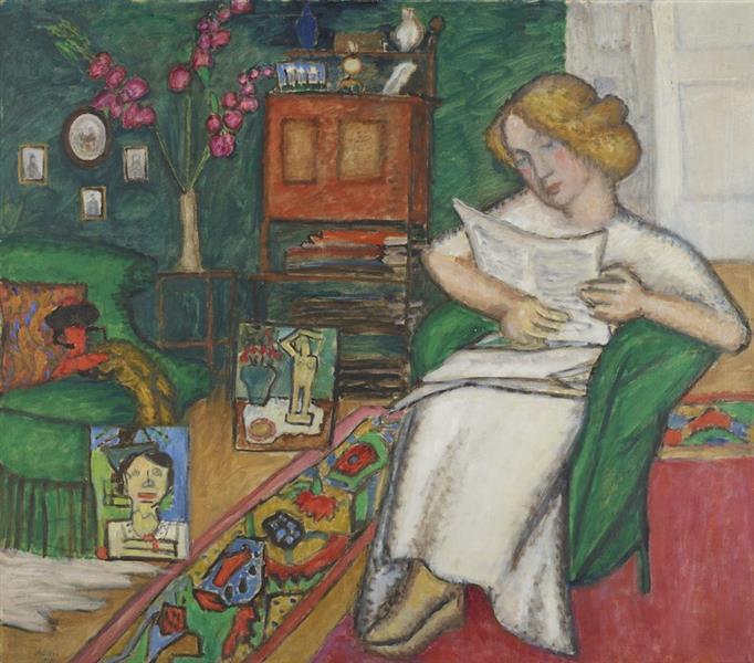 Gabriele Münter'in ünlü Tablolarından biri. (Bir Kadın gazete okuyor) (basit bir çizim sanki bir çizgi film karesinden)