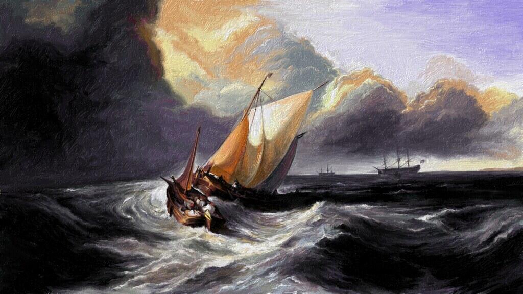 denizin derinliklerinde dalgalarla savaşmaya çalışan bir gemi