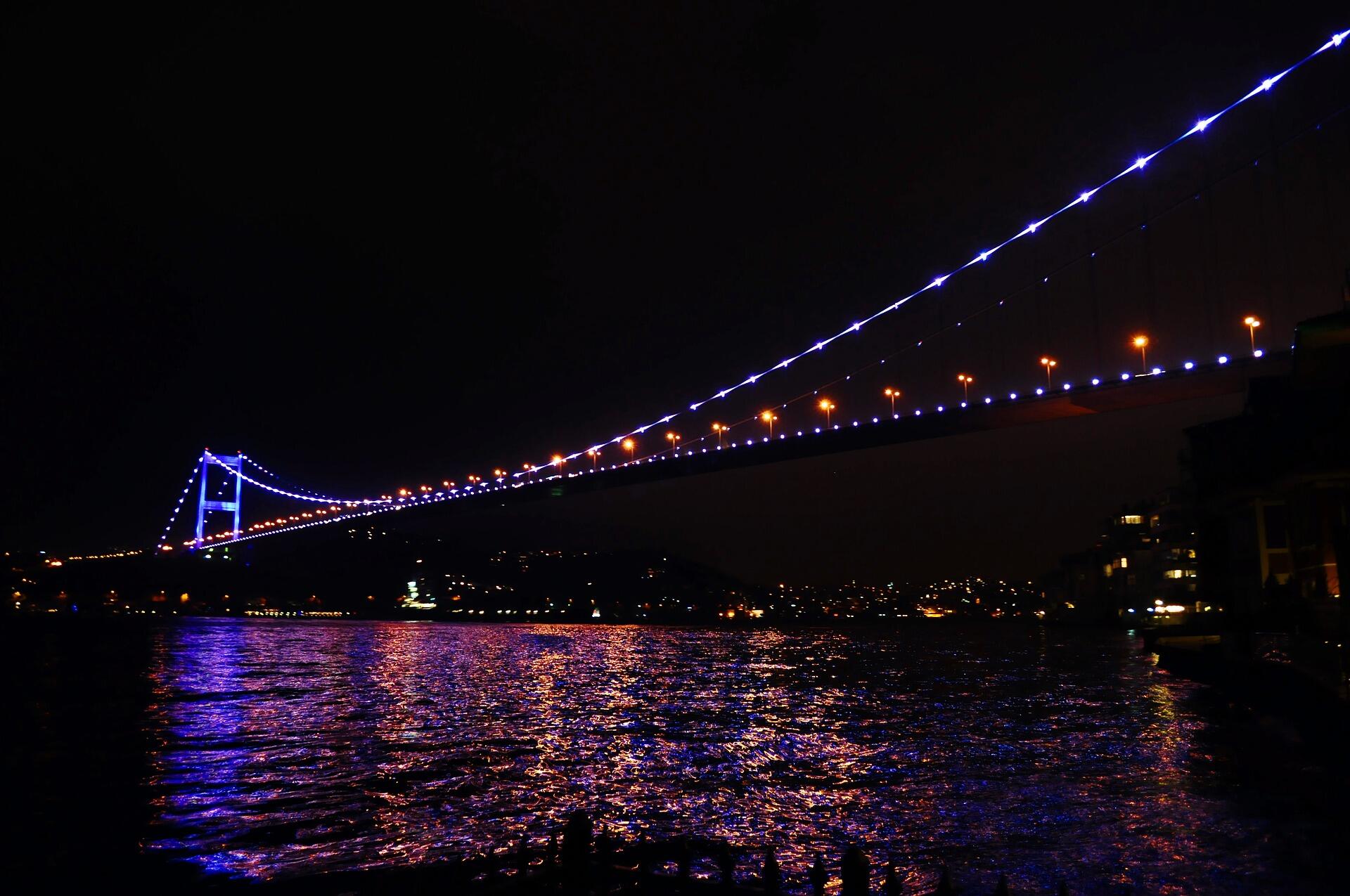 Gece ışıkları tüm şehri aydınlatan İstanbul Boğazı Manzarası