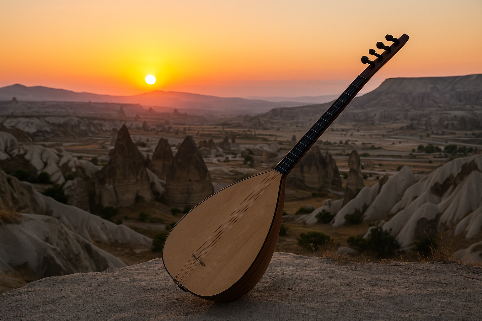 Kapadokya’da gün batımında peribacalarının önünde duran bir bağlama. Sıcak turuncu tonlarda, Anadolu’nun halk müziği ruhunu yansıtan nostaljik bir manzara.