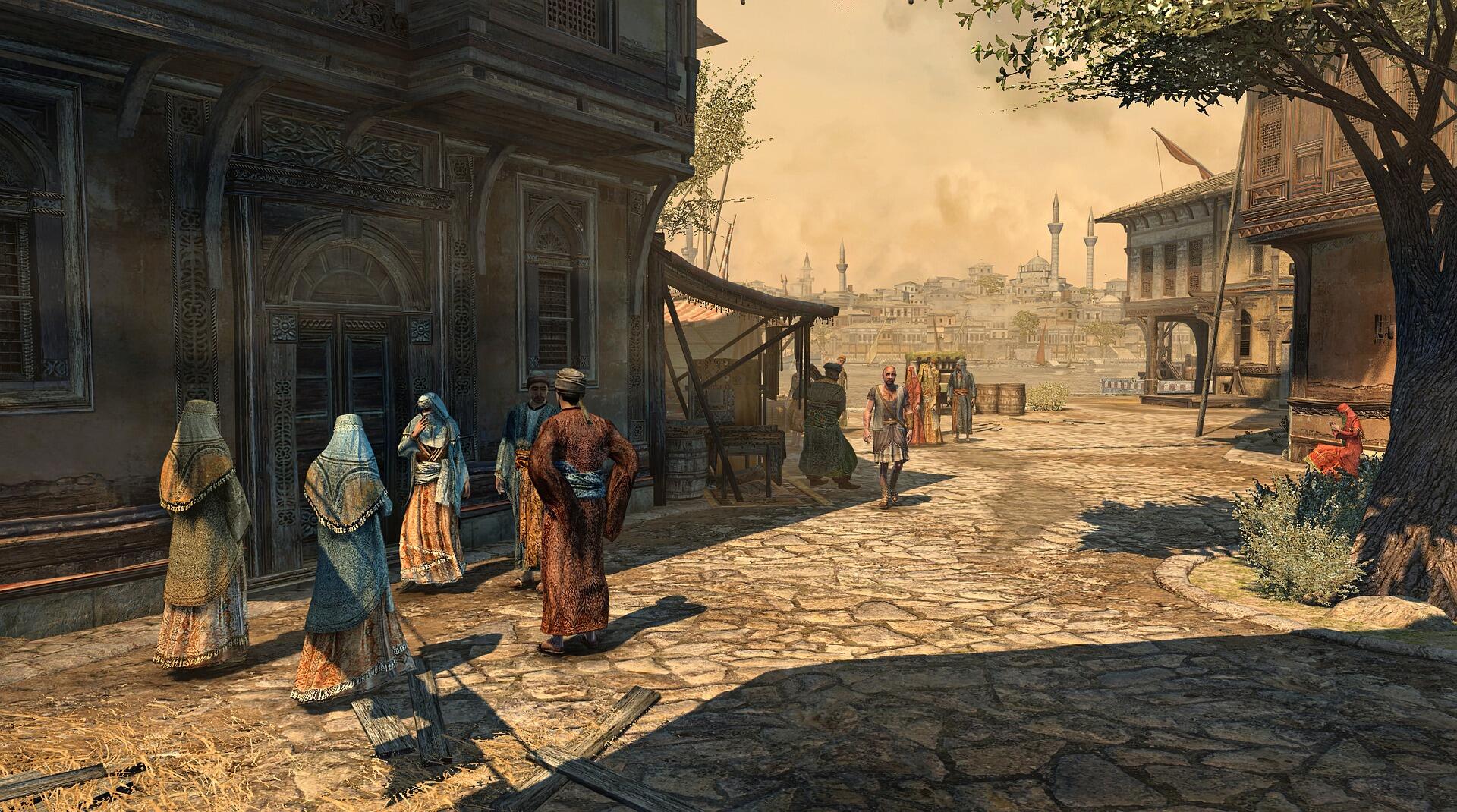 Osmanlı döneminde İstanbul sokakları; geleneksel kıyafetli insanlar, ahşap evler ve arka planda yükselen camilerle Osmanlı kültürünün günlük yaşamını yansıtıyor.