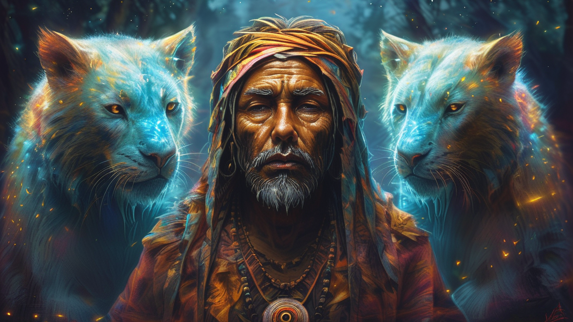 Spirit Animal Testi temalı görsel: mistik bir şamanın yanında iki parlak mavi aslan ruhu ile ruh hayvanı sembolizmini temsil eden sahne.