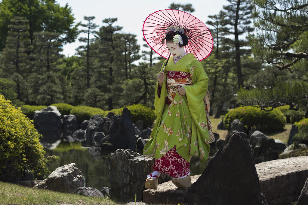 doğada gezen şemsiyeli bir geyşa
