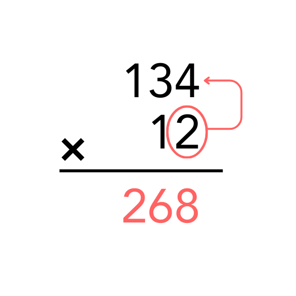 Görsel, 134 sayısının 12 ile çarpımında ilk adım olarak 2 ile çarpılıp 268 sonucunun elde edilmesini göstermektedir