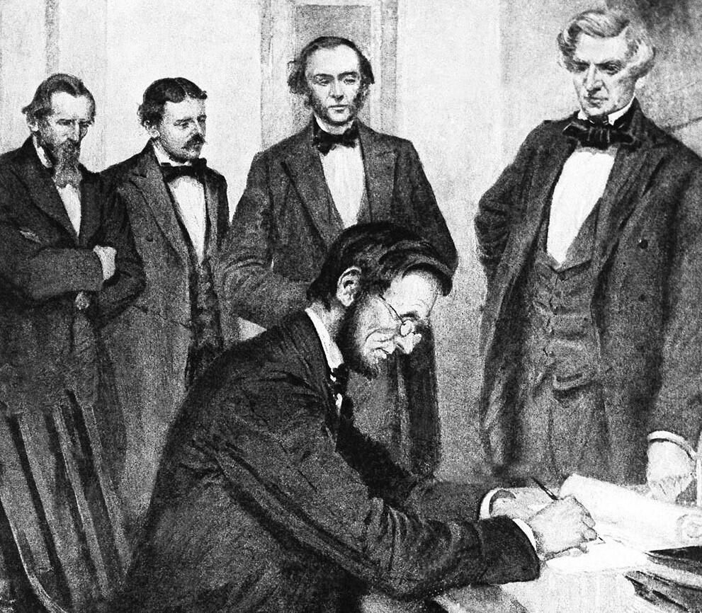 Abraham Lincoln'ün Özgürlük Bildirgesi'ni yaymladığı temsili bir görsel