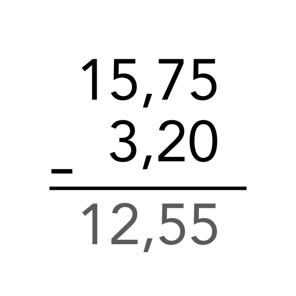 Görsel, 15,75’ten 3,20 çıkarılırken ondalık basamaklar hizalanarak sonucun 12,55 olarak bulunduğunu göstermektedir.