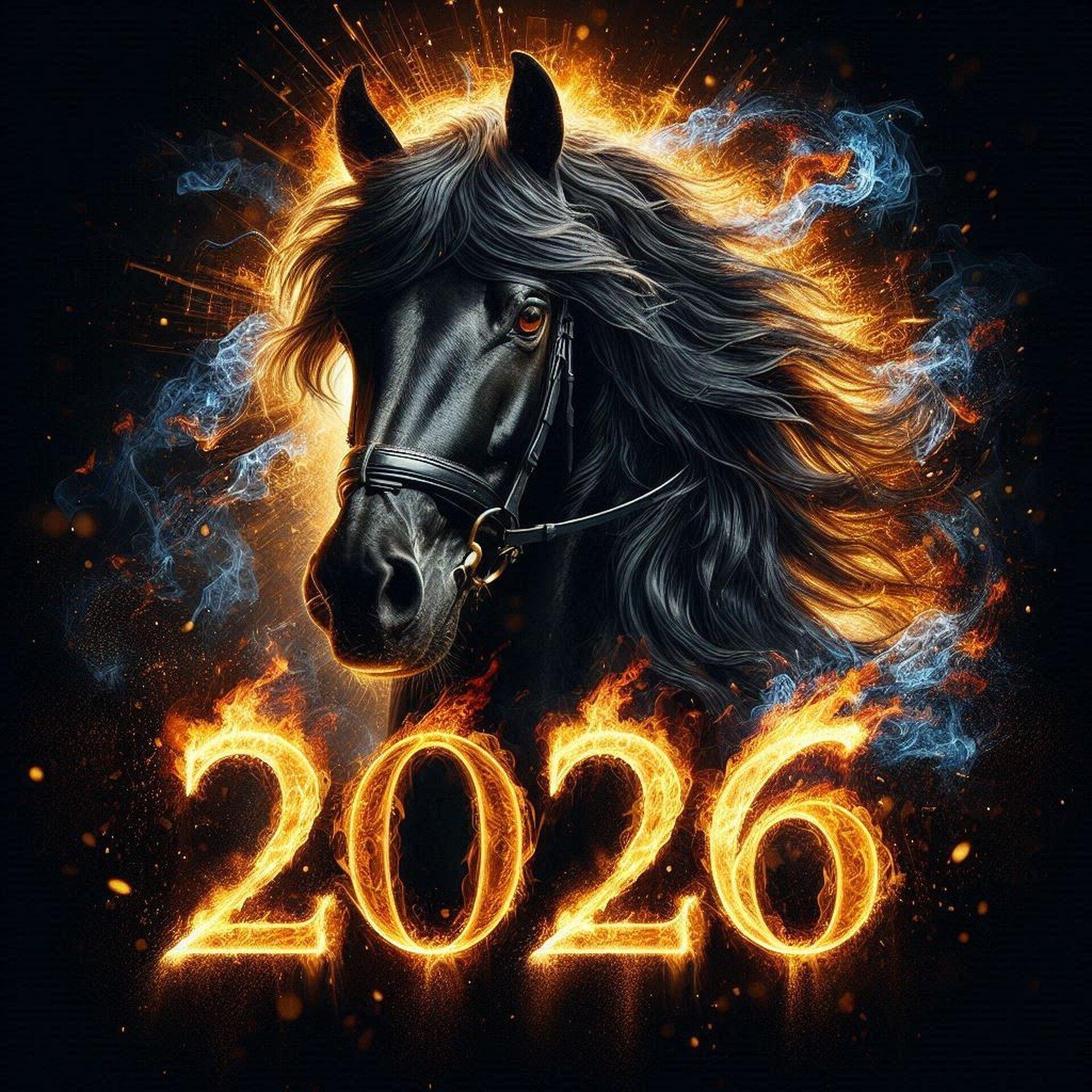 2026 Çin Yeni Yılı Ateş Atı illüstrasyonu; alevler içinde siyah bir at başı, üzerinde yanan bir hale, elektrik efektleri ve parlayan 2026 yazısı içeren mistik bir dijital sanat çalışması.