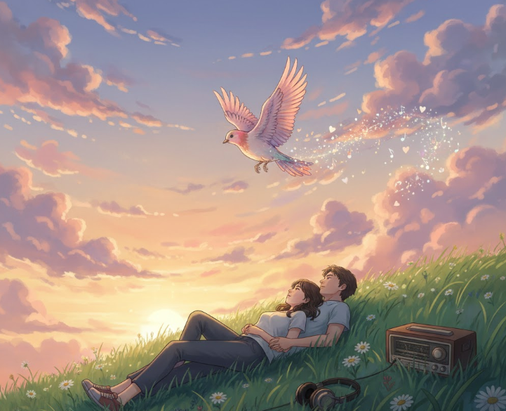 çimlere uzanmış iki sevgili gökyüzünü seyrediyor ve üstlerinden bir kuş geçiyor.
