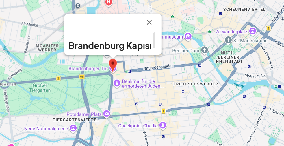 Dijital haritada Brandenburg Kapısı'nın Berlin'deki lokasyonu.
