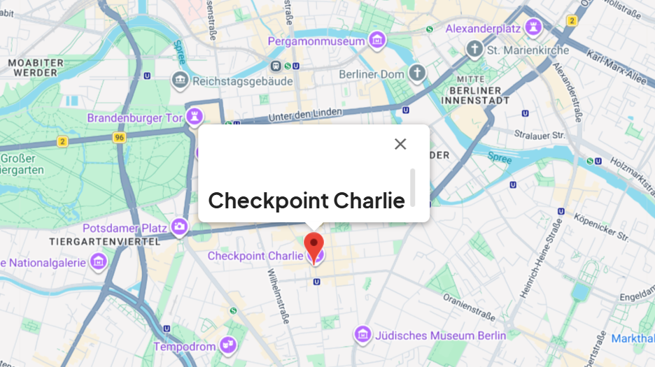 Dijital haritada Checkpoint Charlie'nin Berlin'deki lokasyonu.