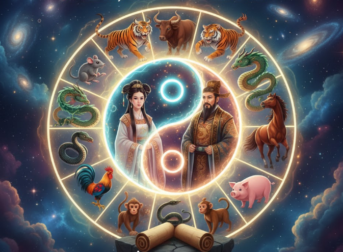 12 Çin Zodyak hayvanı, kendi karakteristik duruşlarıyla mistik bir evrenin içinde dizilmiş.
