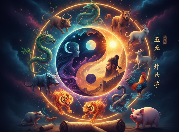 Çin Astrolojisi kapak görseli. Ortada neon parıltılarla çevrili bir Yin-Yang sembolü, içinde bir imparator ve bir imparatoriçe figürü var. Etrafında ise 12 Çin Zodyak hayvanı (fare, öküz, kaplan, tavşan, ejderha, yılan, at, keçi, maymun, horoz, köpek, domuz)